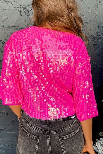 Sequin Blouse Fuchsia Pink Round Neck Half Sleeve Top 71041494-b2d4-4625-8ac2-482491a00cdf-Min Trendsi