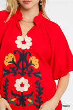Umgee Blouse Red Embroidered Boho Puff Short Sleeve Top 7104345e-38f1-423b-b3cd-440f2721a4e5-Max-Origin Trendsi
