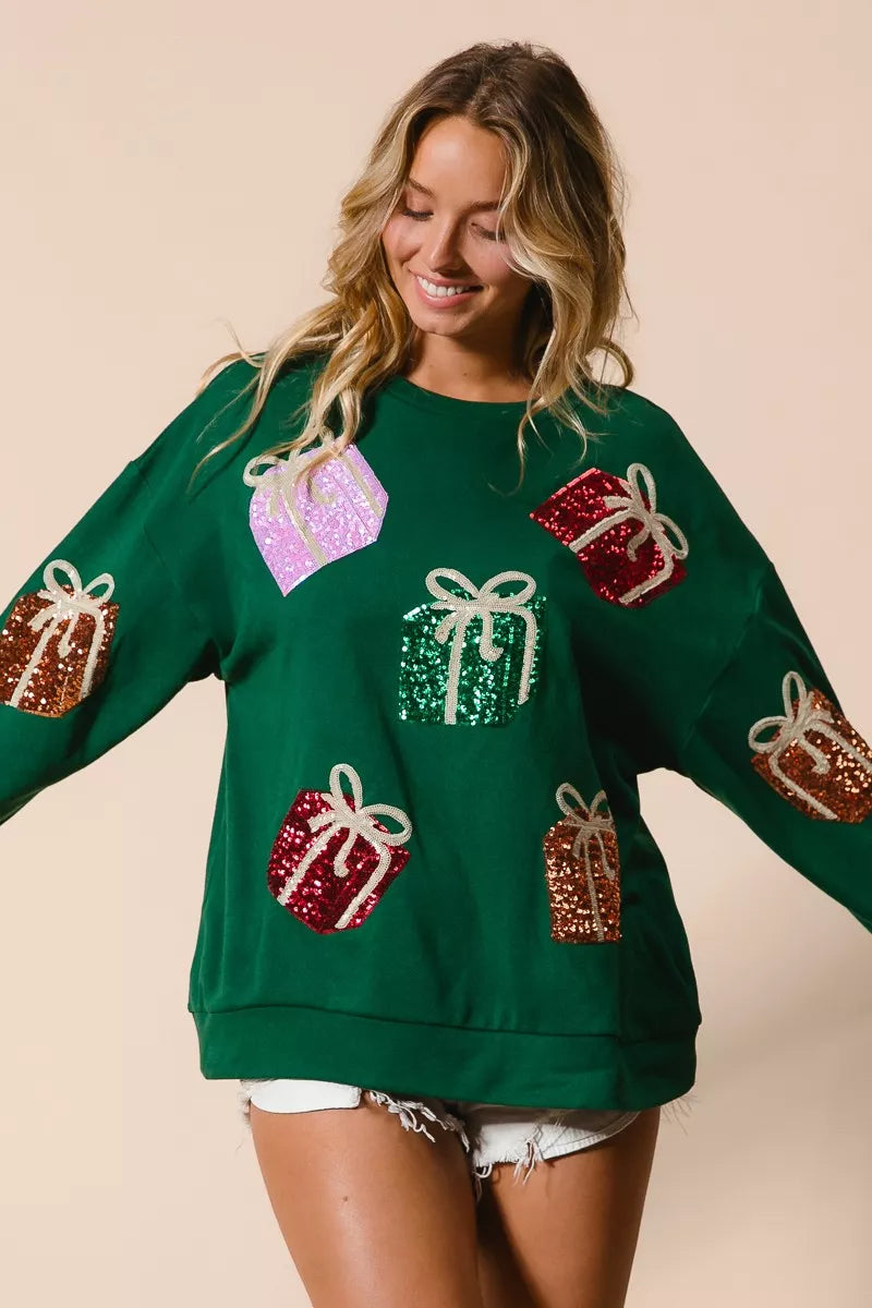 BiBi Pullover Sequin Christmas Gift Box Embroideries Green Womens Sweater 7104a6dba6424ab5a86333b93c25af31-Max-Origin Trendsi