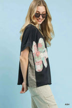 Umgee Blouse Ash Black Mineral Wash Flower Patch French Terry Top Short Sleeve 710a456c-b962-450c-a09d-3a1d33ab0a78-Max-Origin Trendsi