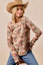 BiBi Womens Blouse Taupe Floral Print Washed Waffle Thermal Top with Thumbs 710b8cdd42a549d4a4c70d355ae0abea-Max-Origin Trendsi