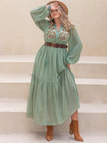 Plus Size Printed Tassel Tie-Neck Long Sleeve Midi Dress