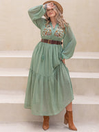 Plus Size Printed Tassel Tie-Neck Long Sleeve Midi Dress