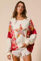 BiBi Sweatshirt Floral Print Mixed Star Patch Round Neck Top 7111d9a3e379476baf5deeaf214a4a33-Max-Origin Trendsi