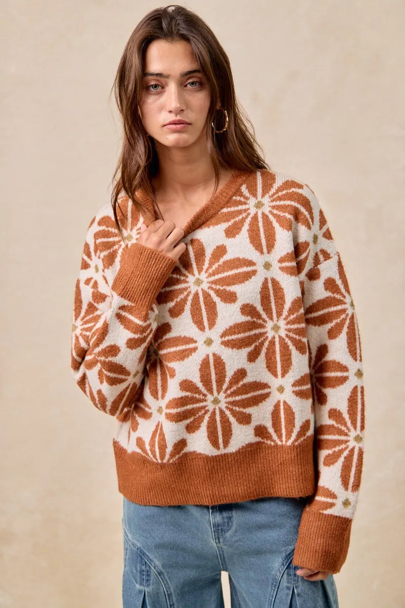 BiBi Sweater Women's Flower Pattern Rust Ivory Long Sleeve Knit Pullover 7125f66fa000441f8fb6381dac497233-Max-Origin Trendsi