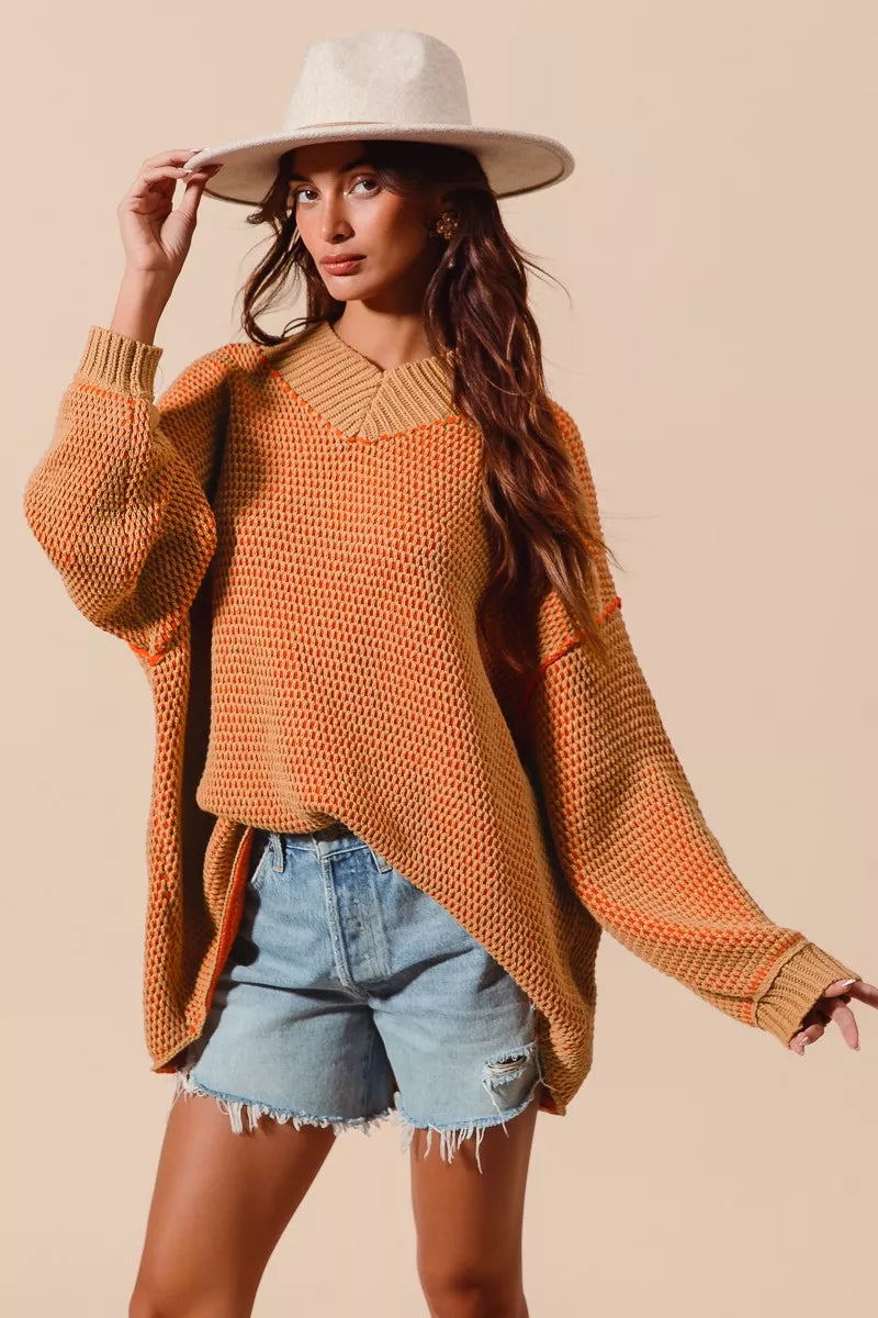 SO ME Womens Sweater Oversized V Neck Camel Orange Two Tone Textured 712a8572960b4830b09801b887871506-Max-Origin Trendsi