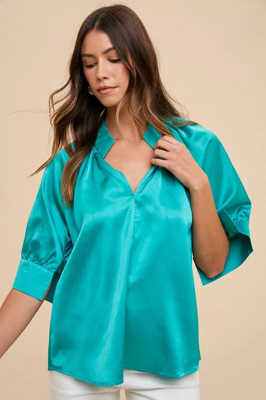Annie Wear Satin Blouse V Neck Open Short Sleeve Woven Emerald Top 712bb7a8fa304a2f8a449e7c9d95a823-Max-Origin Trendsi