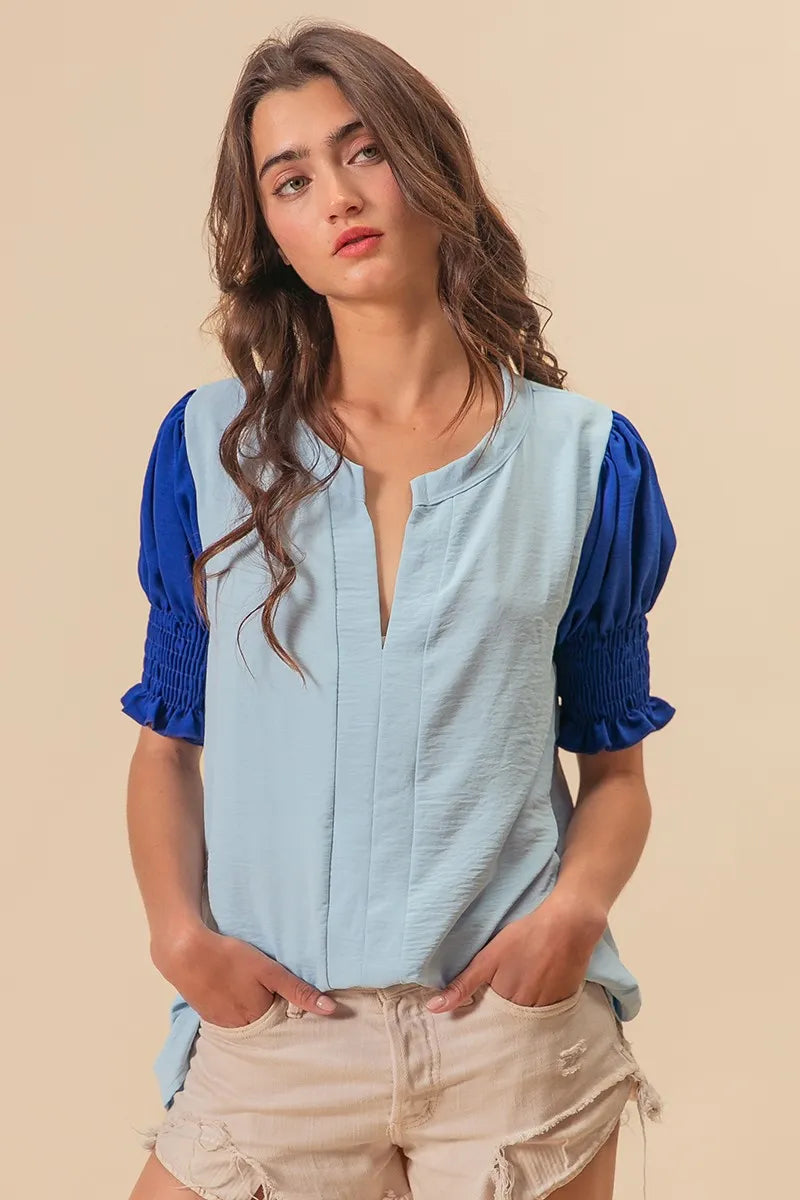 BiBi V Neck Top Air Flow Ruffled Blue Color Block Puff Short Sleeves 7138dd40b50549c38dff1bf436a37caf-Max-Origin Trendsi