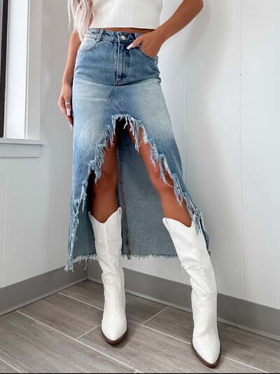 Asymmetry Denim Skirt Front Distressed Slit Raw Hem Midi High Waisted Light 713fb428-7b9d-4856-bd75-ba0dce30e654-Min Trendsi