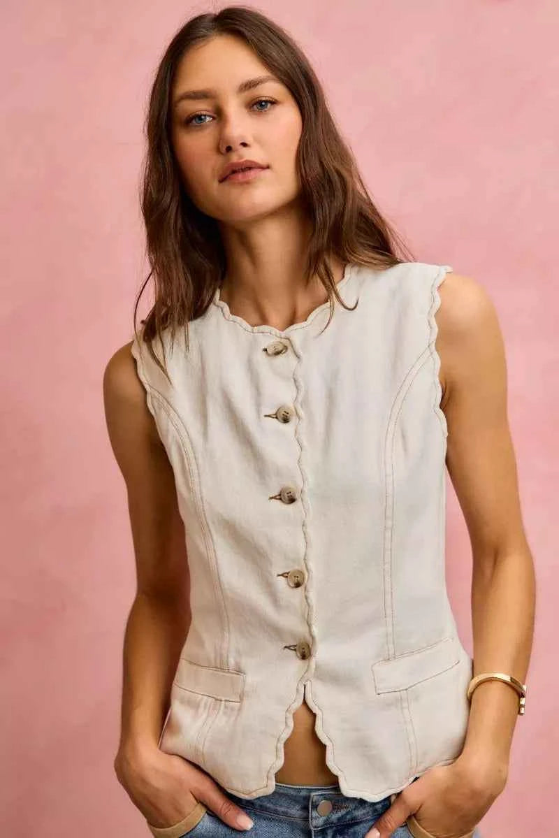 SO ME Scalloped Edge Cotton Twill Washed Vest Top