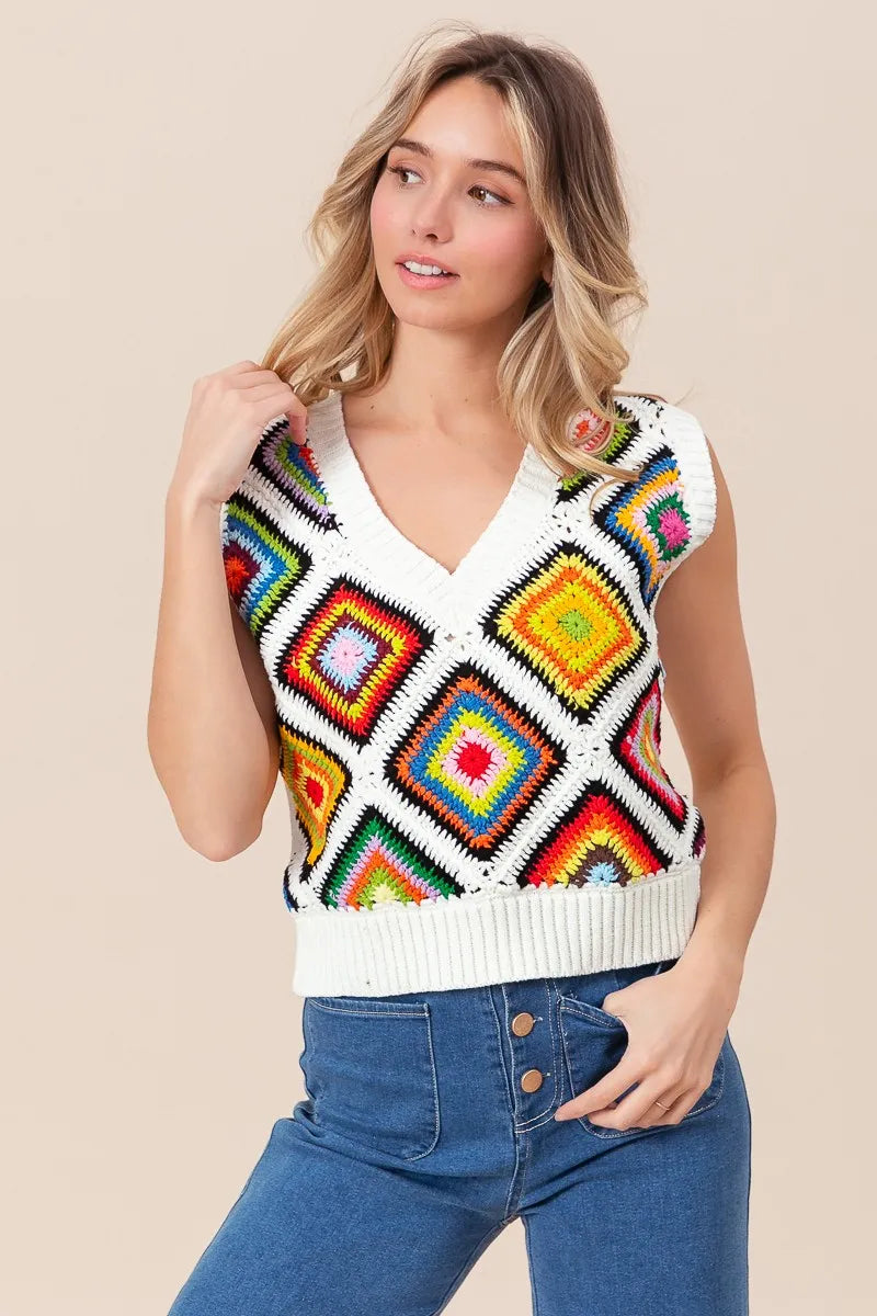 BiBi Sweater Vest Ivory Diamond Granny Multicolor Square Ribbed Knit Top 714a393318e74edea85b3479ca2b366b-Max-Origin Trendsi