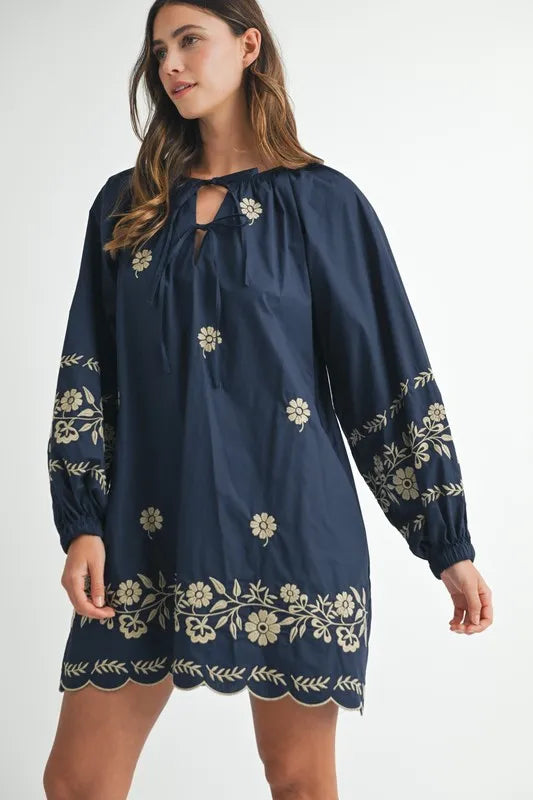 MABLE Mini Dress Navy Floral Embroidered Long Sleeve Peasant Tied 7151f20245c54db48f84be4a894d88f6-Max-Origin Trendsi