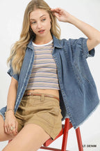 Umgee Womens Blouse Washed Light Blue Denim Oversized Top 715355f1-a18b-4895-ab80-17cd119f4411-Max-Origin Trendsi