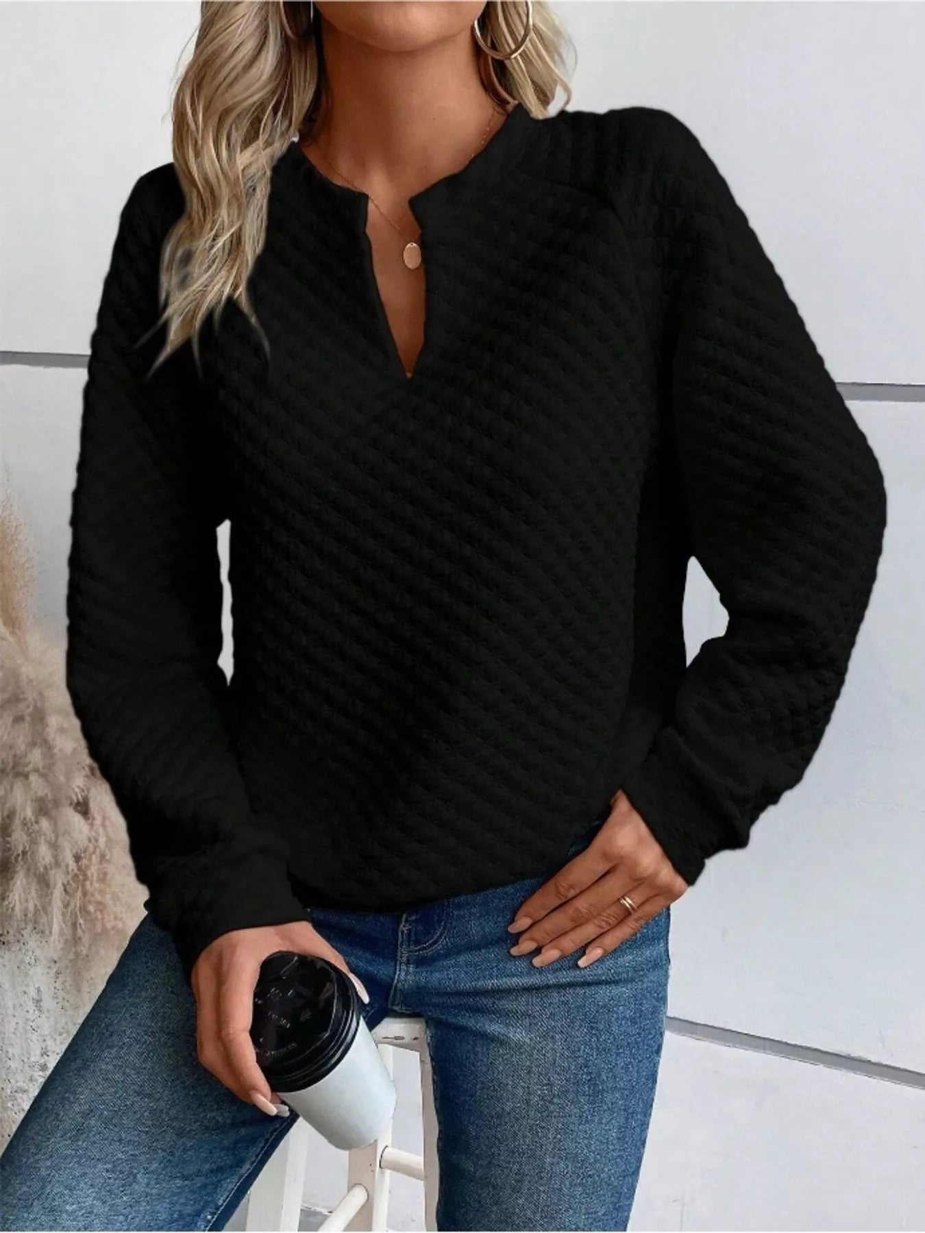 Women's Sweatshirt Textured Notched Raglan Long Sleeve Top 71540b7ad8af4d23a74d329d770621bb-Max-Origin Trendsi