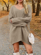 V-Neck Sweater Knit Dress Oversized Dropped Shoulder Sweater Dress Tan 71574096-90c7-4749-b01f-614220142ab3-Max Trendsi