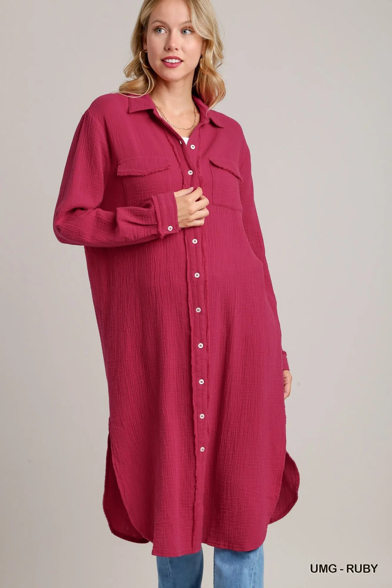 Umgee Shirt Dress Cotton Gauze Button Up Ruby Red Oversized Long Sleeve UMG-RUBY 71590f82-2376-4652-828e-9645f61e98d3-Max-Origin Trendsi