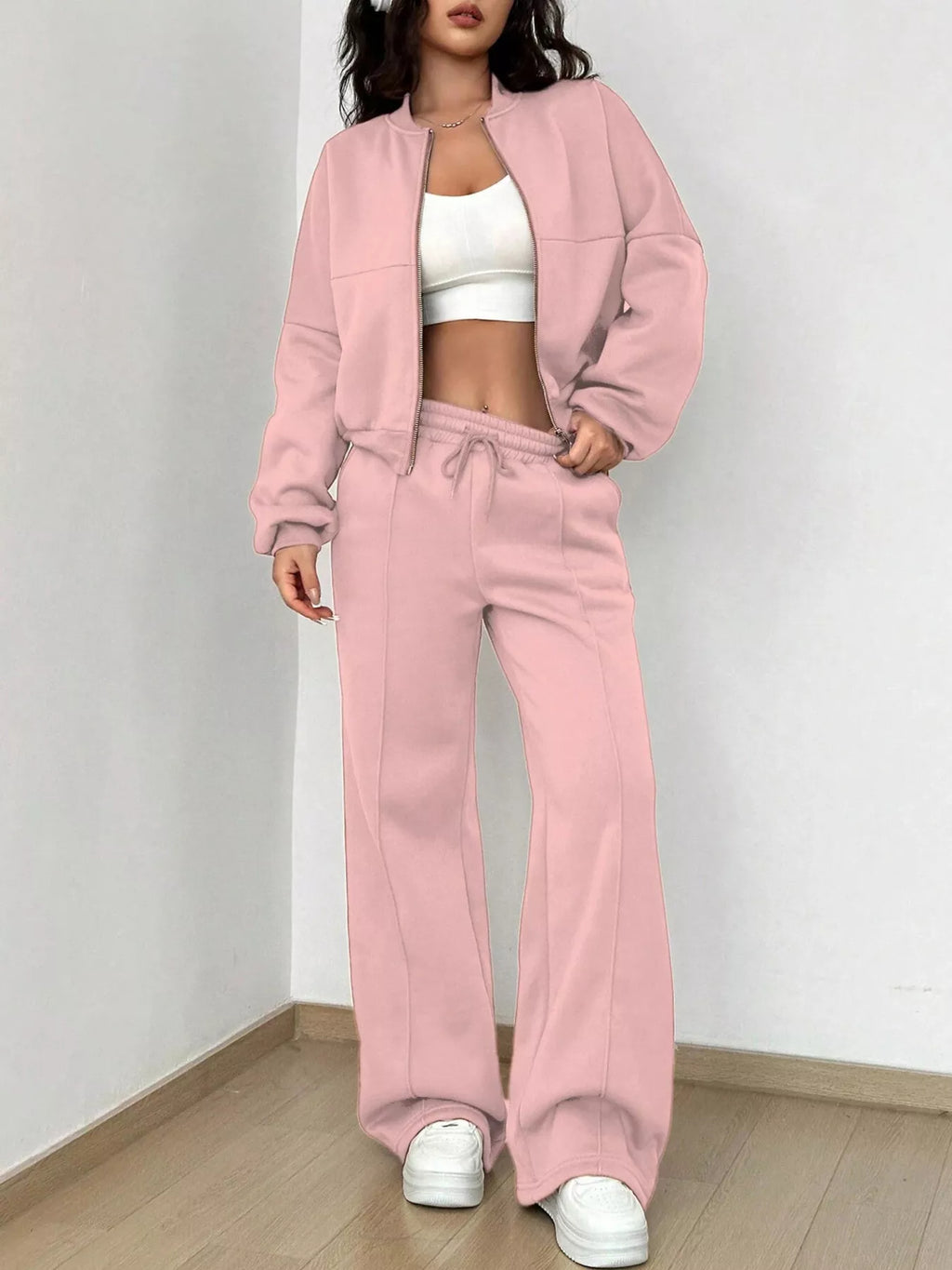 Womens Outfit Set Casual Solid Color Zipper Jacket and Wide Leg Pants 7167361c9ee0461d91f75f0c8b0f7249-Max-Origin Trendsi