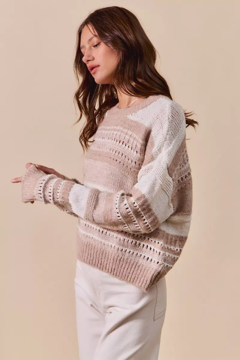 SO ME Womens Sweater Taupe Variegated Stripe Openwor Textured Loose Fit 716f142779bc4d66bb9b74b0b844b95f-Max-Origin Trendsi