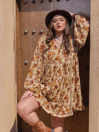 Plus Size Printed V-Neck Mini Dress with Balloon Sleeves