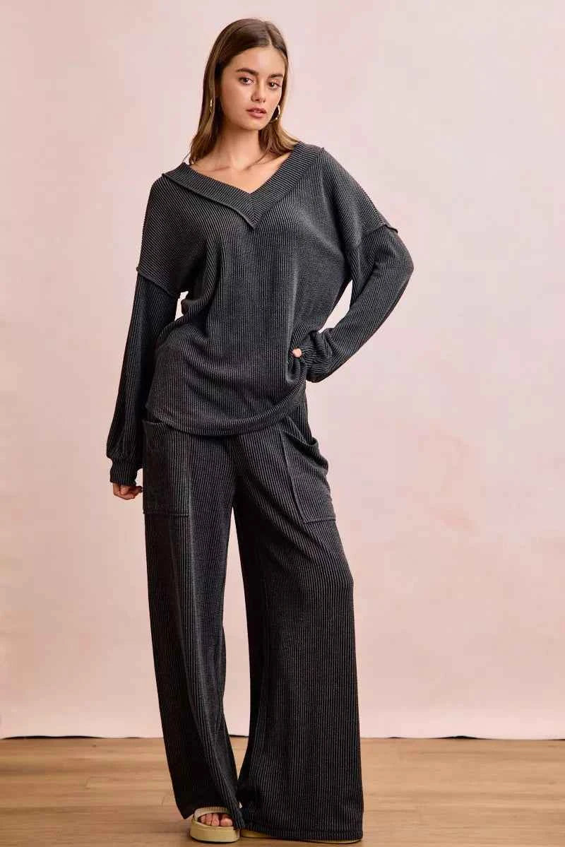 BiBi Women Tracksuit Set Black Cord Rib Contrast Stitch V-Neck Top and Pants 7174c533e38d43dcb16528d0b6a2af93-Max-Origin Trendsi