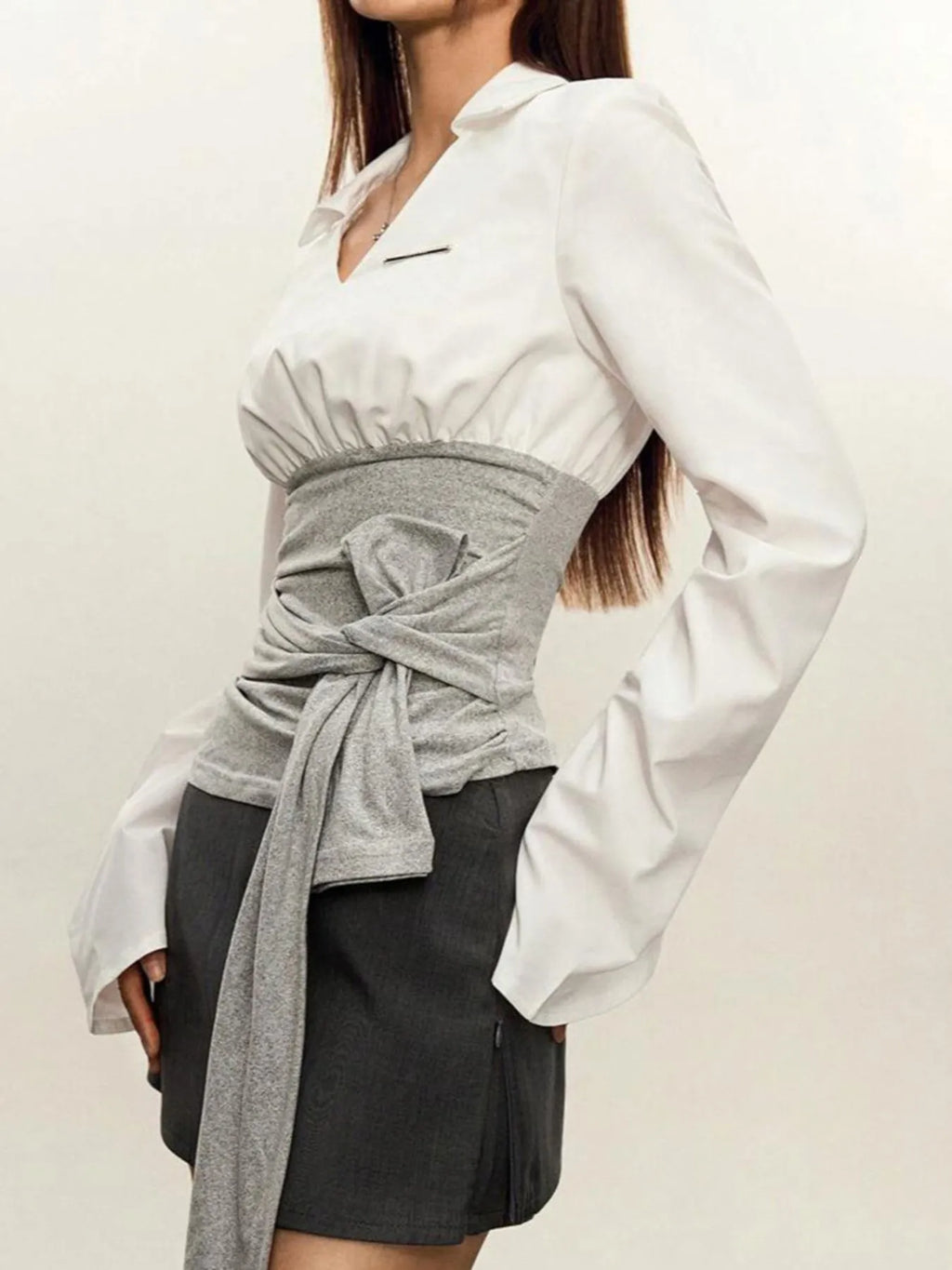 Women's Blouse White Collared Gray Tie Waist Long Sleeve 7174d4cf-94c3-49cf-8725-c448dac8c95e-Max-Origin Trendsi