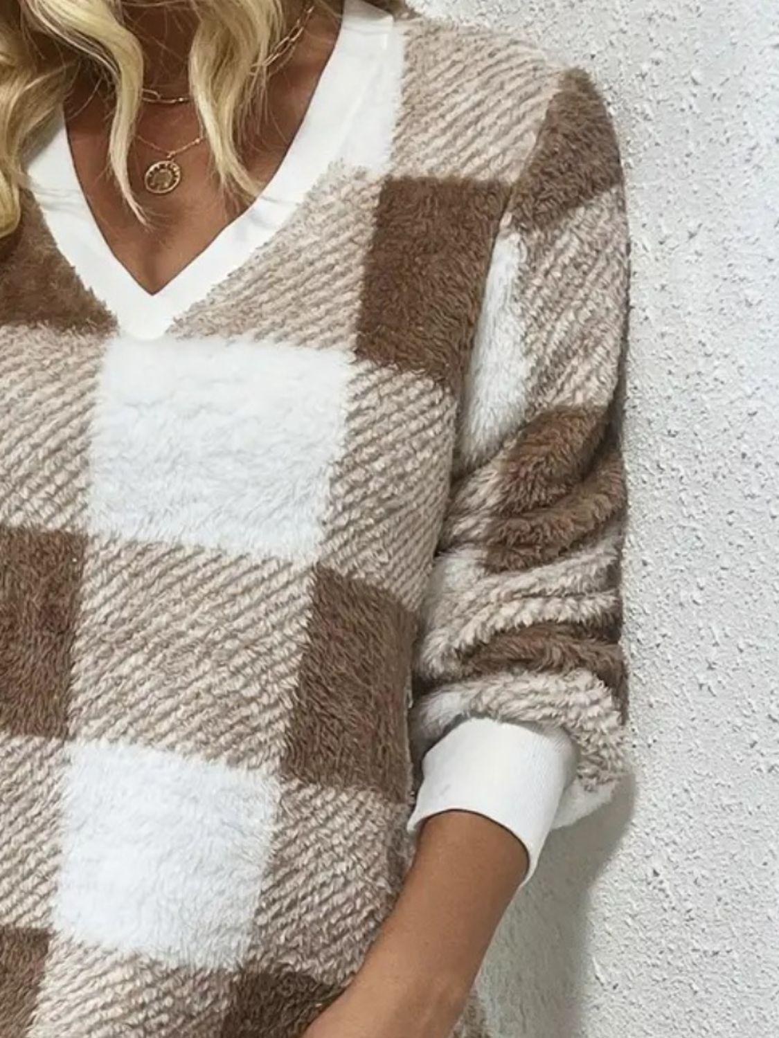 Knit Sweater Mini Dress Plaid V-Neck Long Sleeve Dress