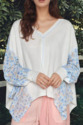 Women Blouse White Floral Blue High-Low V-Neck Long Sleeve Cotton Blend Top White 71762787-ea45-4be8-b986-3411152019f2-Max Trendsi