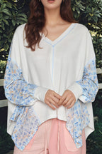 Women Blouse White Floral Blue High-Low V-Neck Long Sleeve Cotton Blend Top White 71762787-ea45-4be8-b986-3411152019f2-Max Trendsi