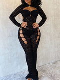 Lace Hollow-Out Long Sleeve Jumpsuit