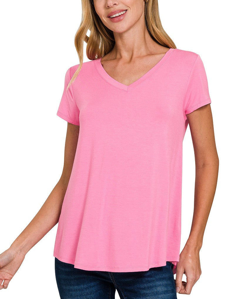 Zenana Rayon Short Sleeve V-Neck Top with Rounded Hem