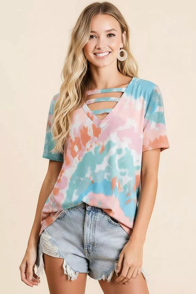 BiBi Tie-Dye Womens T-Shirt V-Neck Cutout Short Sleeve Top 71882611-4076-4d19-a3b7-f70f6b97488d-Max-Origin Trendsi
