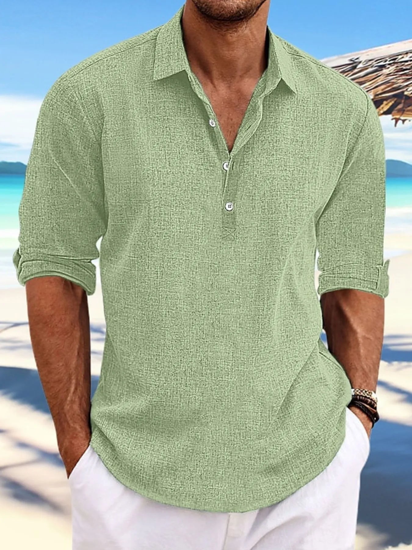 Men's Henley Shirt Roll Tab Sleeves Buttoned Lightweight Breathable Top Light Green 7195e8dc-30b0-49c0-bb3f-a35c295afb1f-Max-Origin Trendsi