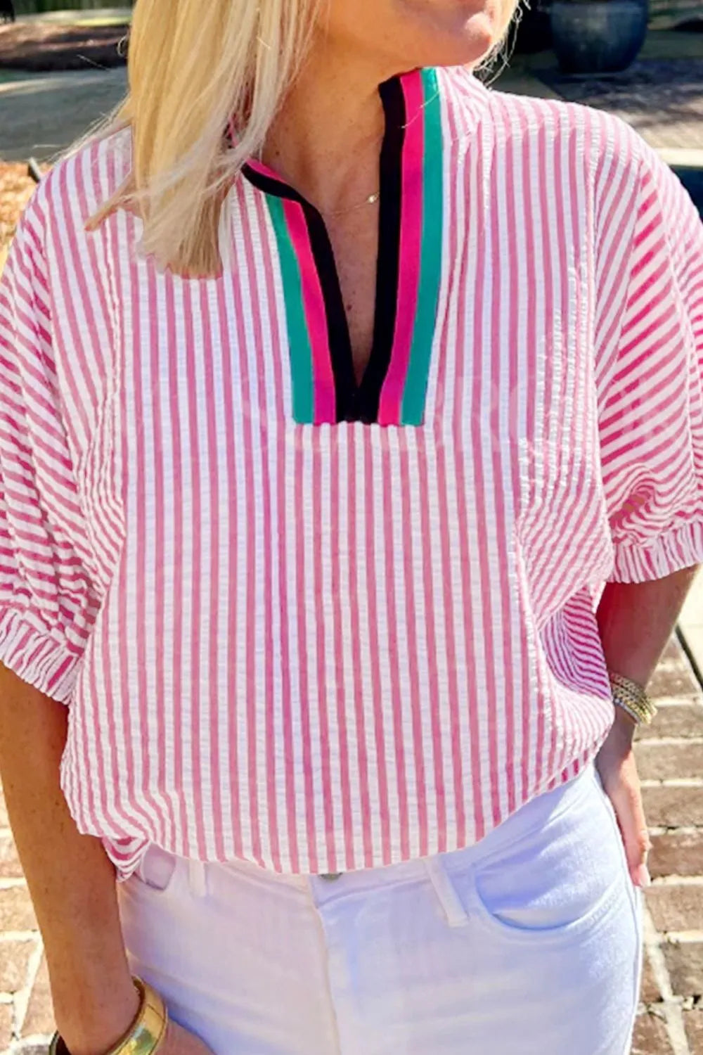 Women's Blouse Striped Print Contrast Split Neck Dolman Short Sleeve Pink 719b5969-a5a2-4a6b-8ed4-9f7685a409b3-Max-Origin Trendsi