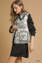 Umgee Womens Quilted Vest Black Toile with Ruffle Collar Outwear 71a65a01-deb9-4505-89fa-b24a89636f59-Max-Origin Trendsi