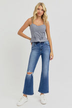 RISEN Distressed Jeans High Rise Crop Flared Women's Denim Blue Pants 71ad76d4-8fa2-42a2-b139-355fe3acdc39-Max Trendsi