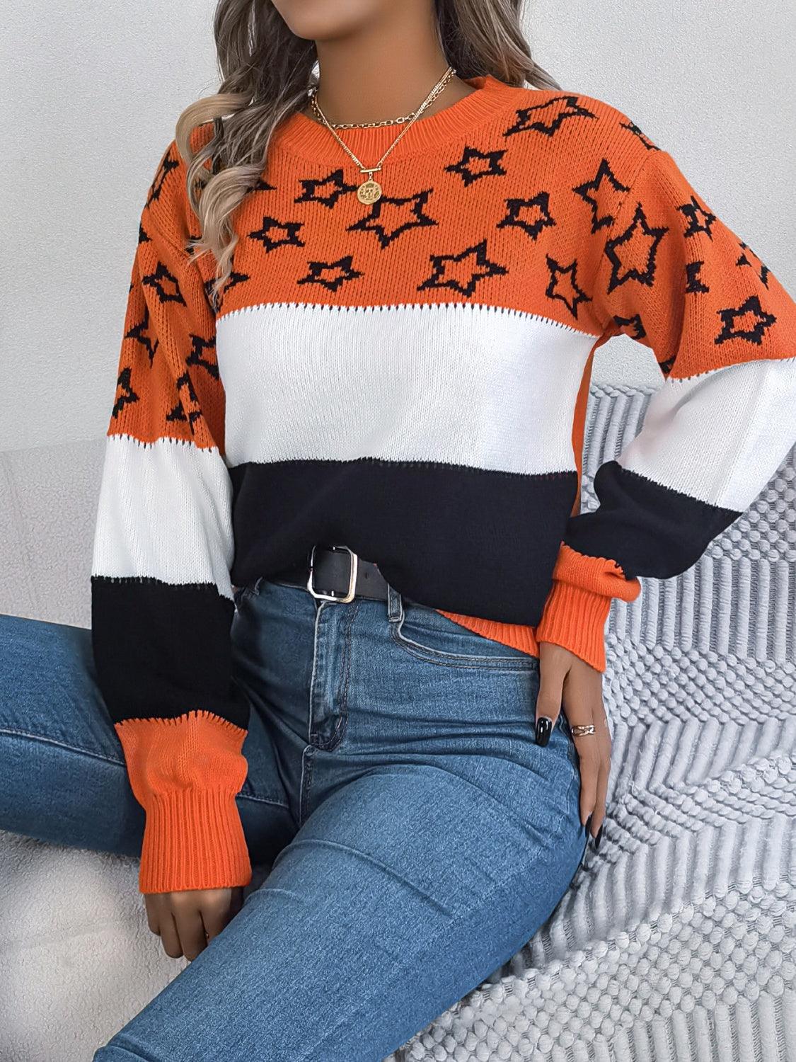 Sweater Star Contrast Round Neck Long Sleeve Knitwear 71af4f32-68d2-495f-a273-f51b554682db-Max Trendsi