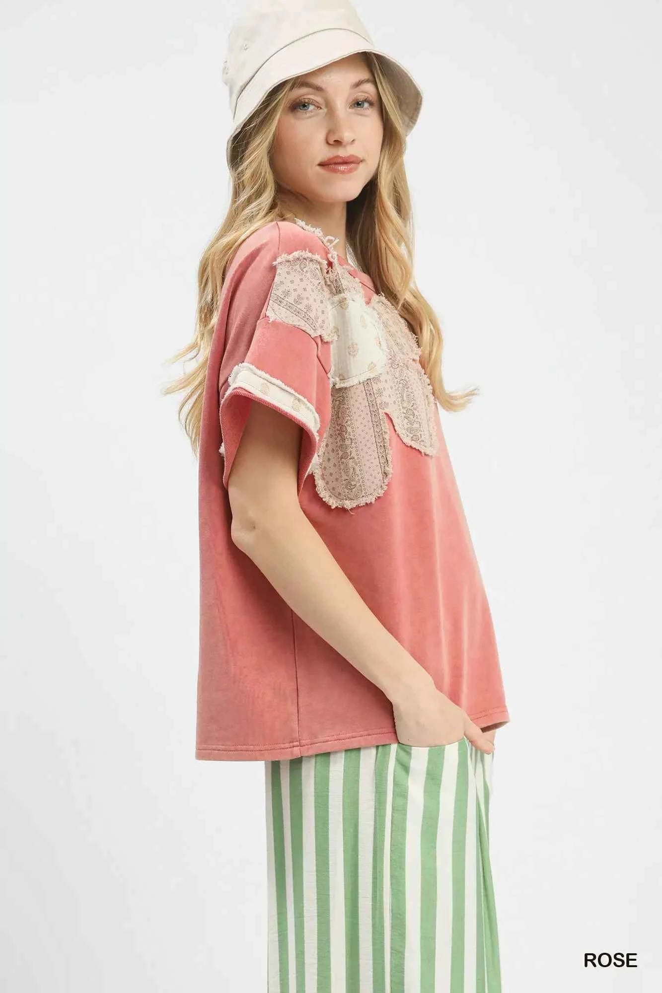 Umgee Blouse Rose French Terry Top with Flower Patch Short Sleeve 71b6a62c-b725-4fb8-bd85-11f77d6df0e3-Max-Origin Trendsi