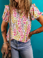 Floral Women's Blouse Puff Short Sleeve Crewneck Casual Ruffle Top Floral 71bf8ff974294360ac4f6ad1d6d3c0a0-Max-Origin Trendsi
