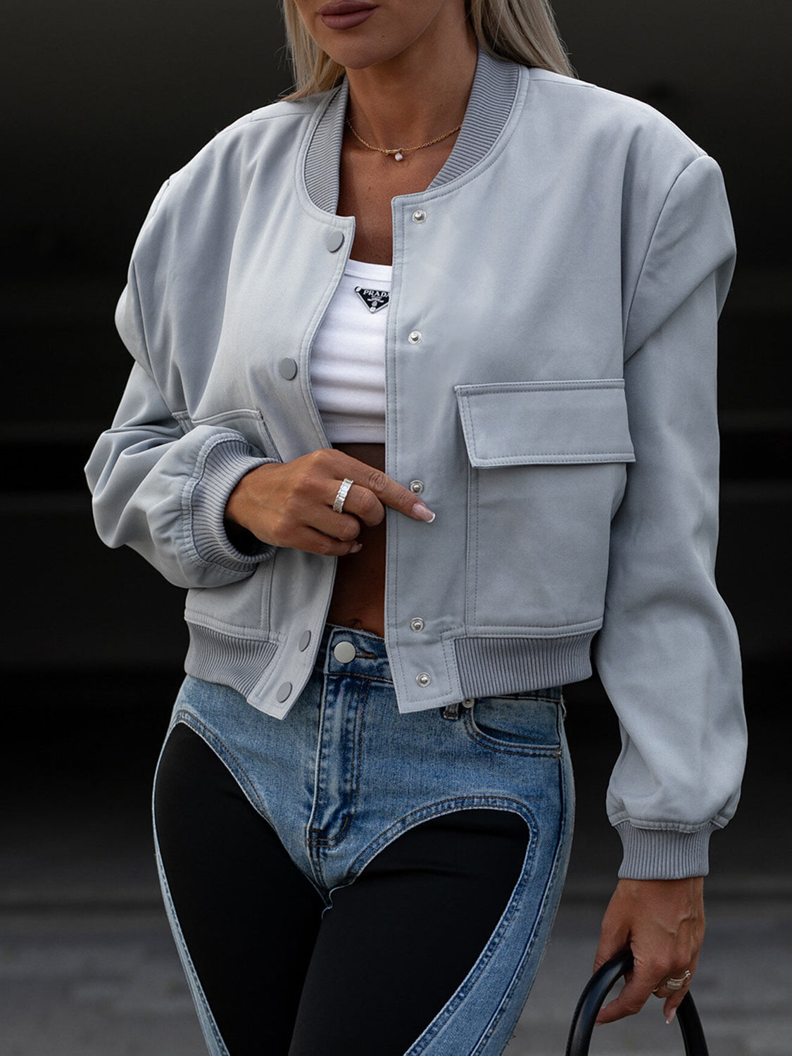 Leopard Cropped Women Jacket Baseball Collar Pocketed Snap Long Sleeve Light Blue 71d552df-b86b-4ce7-906a-8f692210ee6a-Max Trendsi