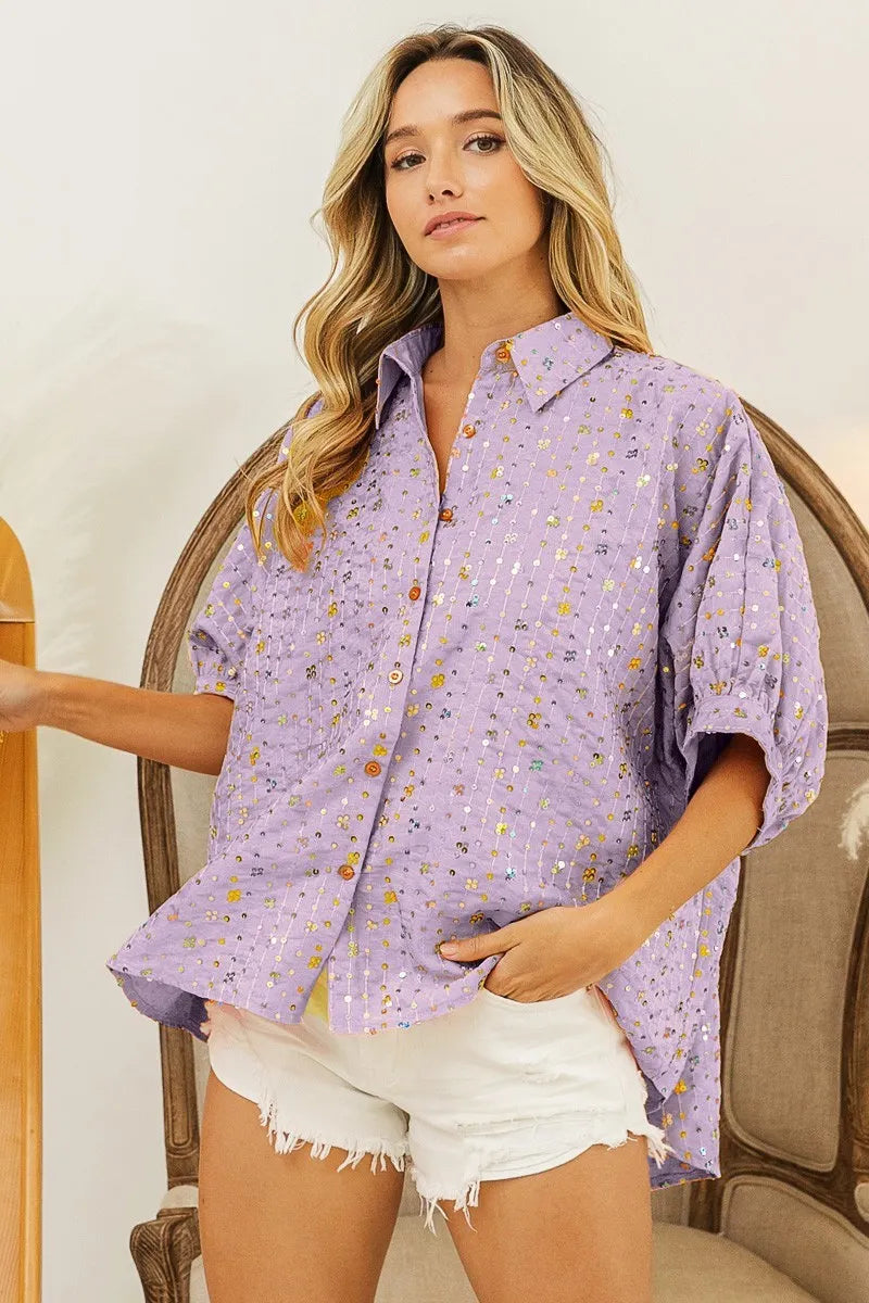 BiBi Sequin Shirt Striped Oversized Short Dolman Sleeve Lavender Blouse LAVENDER 71da0fb9f5ae440fb5592cec91abe603-Max-Origin Trendsi