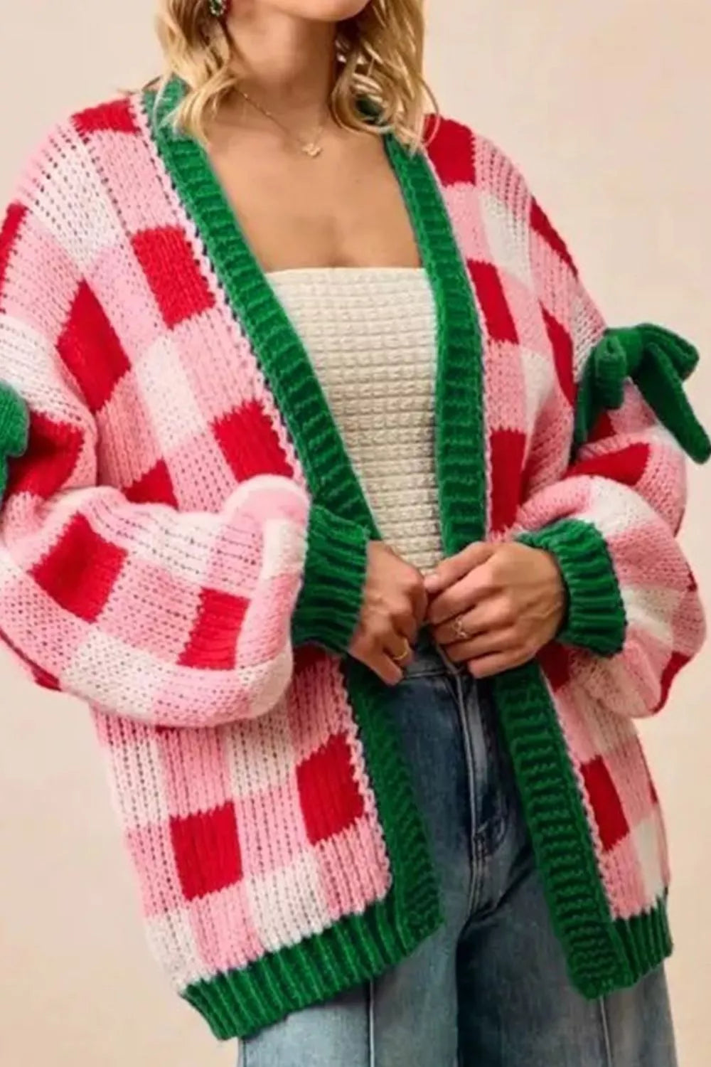 Christmas Womens Cardigan Checkered Knit Bow-Tie Sleeves Oversized 71e379ca-b519-4e01-9a76-c0359e2620dc-Max-Origin Trendsi