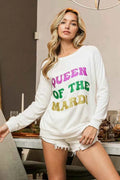 BiBi Women’s Mardi Gras Glitter Print Sweatshirt Queen of Mardi Casual Top