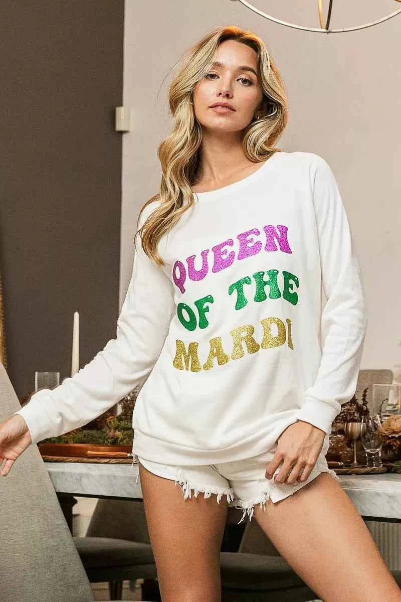 BiBi Women’s Mardi Gras Glitter Print Sweatshirt Queen of Mardi Casual Top