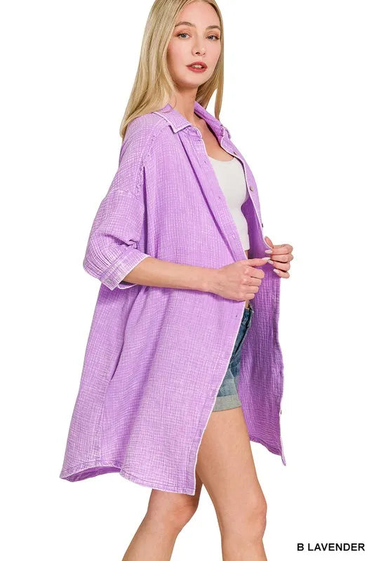 Zenana Shirt Dress Lavender Washed Double Gauze Oversized Pocketed 71e72104f6964cfda066695b04cd64cc-Max-Origin Trendsi