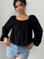 Blouse Swiss Dot Square Neck Long Sleeve Tops Black 71e8c6ba-9736-4731-a26e-0a1e3081327a-Max Trendsi