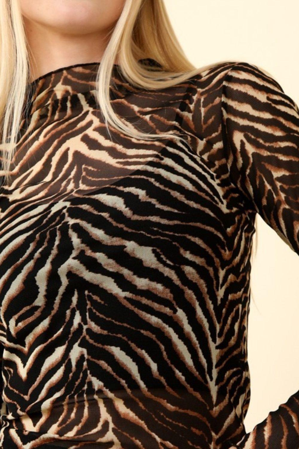 VERY J Zebra Mesh Blouse Brown Mock Neck Long Sleeve Women Slimming Tops