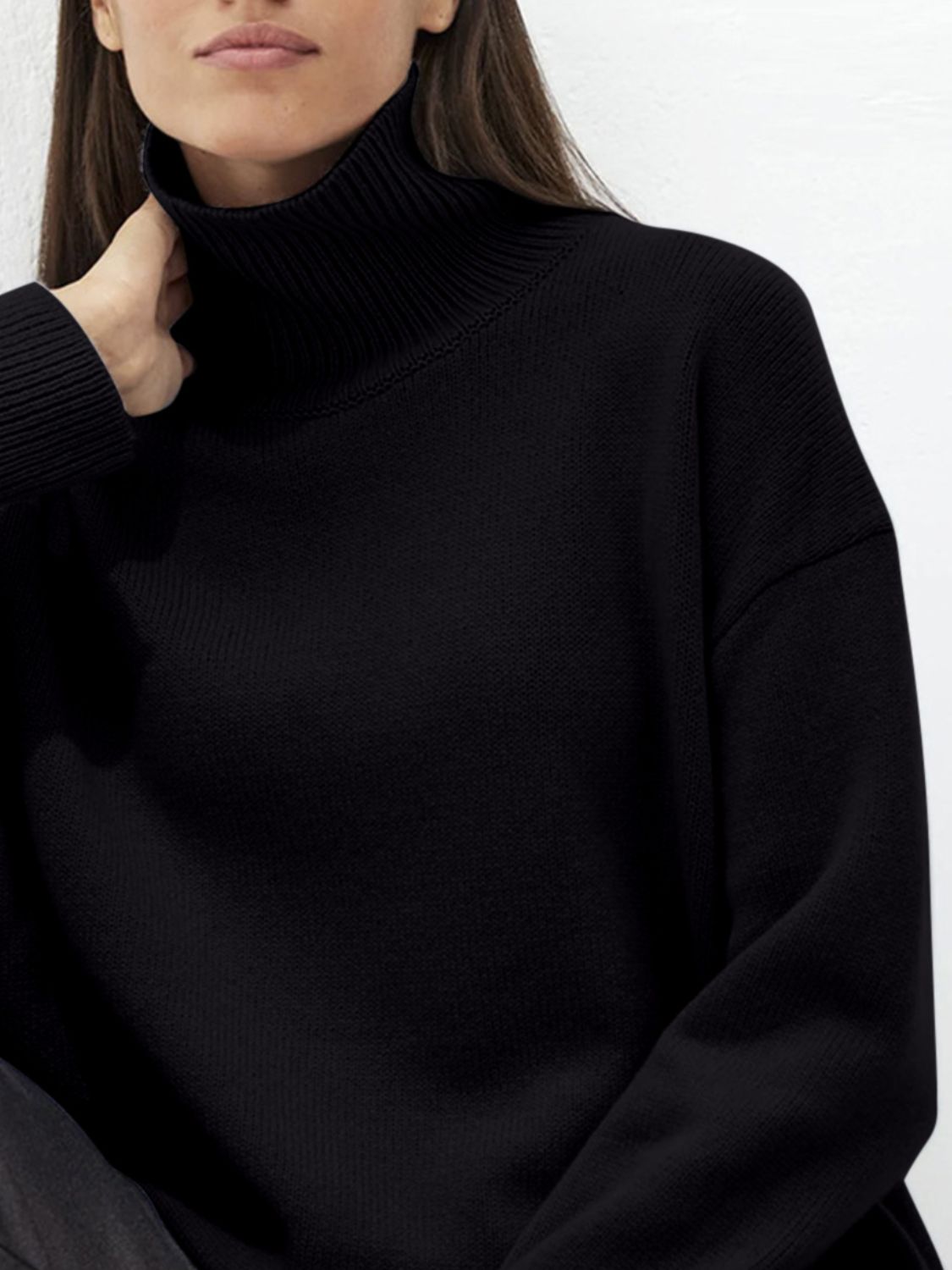 Ribbed Women Sweater Turtleneck Long Sleeve Soft Acrylic Loose Basic Pullover