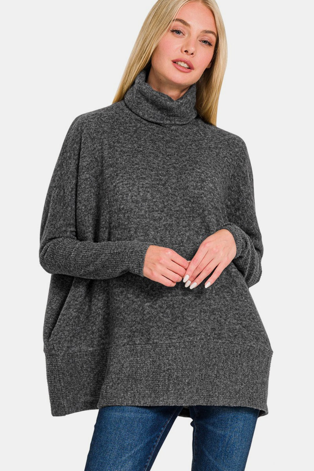 Zenana Knit Women Sweater Turtleneck Brushed Black Melange Oversized Pullover