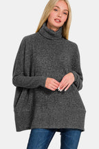 Zenana Knit Women Sweater Turtleneck Brushed Black Melange Oversized Pullover Black 71f2fa19-c596-48ec-be9e-26c00ff2dd8f-Max Trendsi