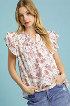 Umgee Blouse Floral Blush Pink Two Tone Boxy Cut Print Short Sleeve Top Blush Pink 71f3275a-2bfd-4949-950f-8f1da5dbe0c6-Max Trendsi
